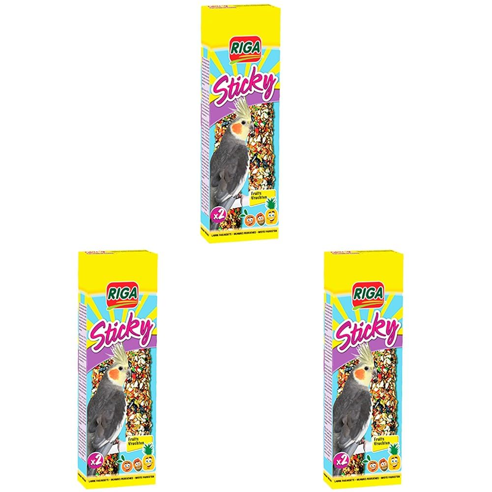 Riga - Sticky mit Früchten für Großsittiche - Gebackene Sticks - Mischung aus Körnern, Getreide und Früchten, darunter Apfel und Rosine - Schachtel mit 2 Sticky Sticks, 140 g (3er Pack)