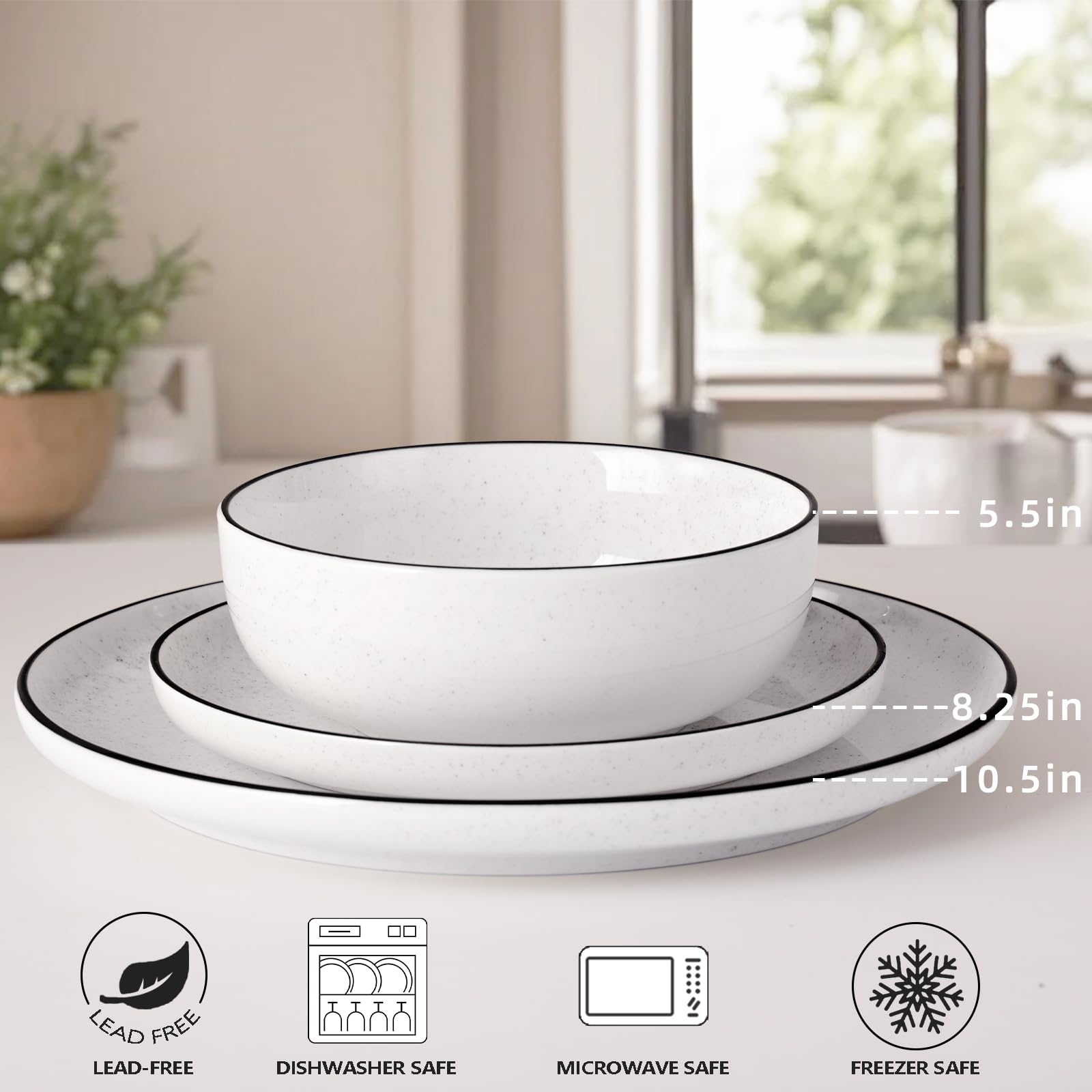 Plates and Bowls Sets for 4,12 Pieces Ceramic Dish set, White Dinnerware Set for Kitchen, Modern Design Plate Sets with Black Rim, Microwave and Dishwasher Safe
