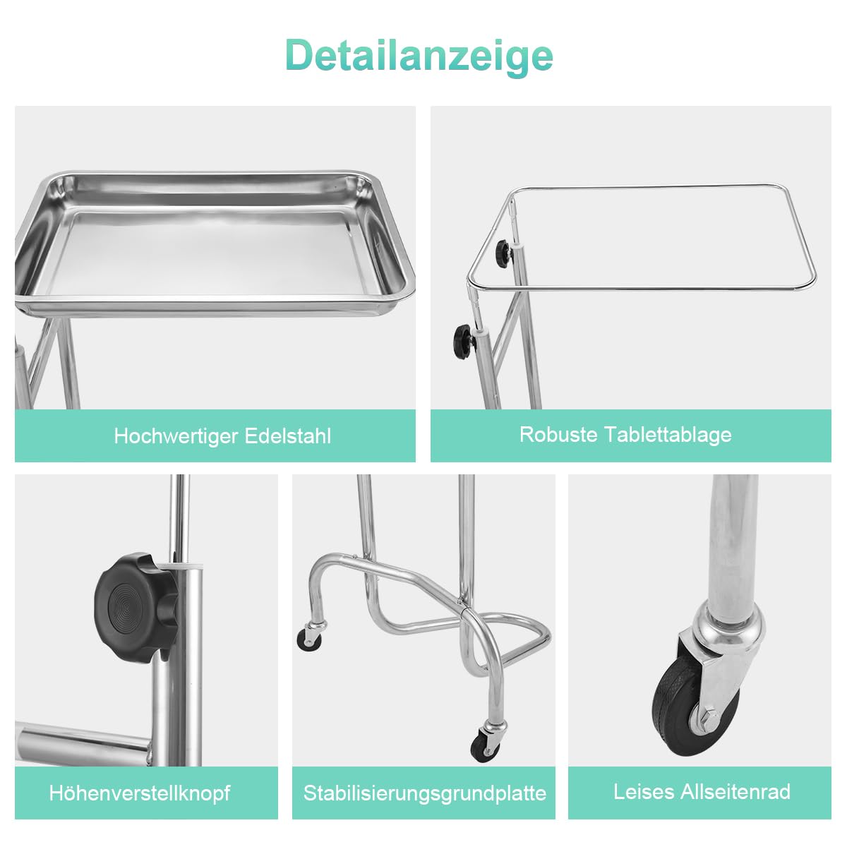 Carrello da salone, vassoi medici, realizzato in acciaio inossidabile di alta qualità, l'altezza del carrello è regolabile nell'intervallo da 86 cm a 143 cm. Le dimensioni del vassoio sono: 49