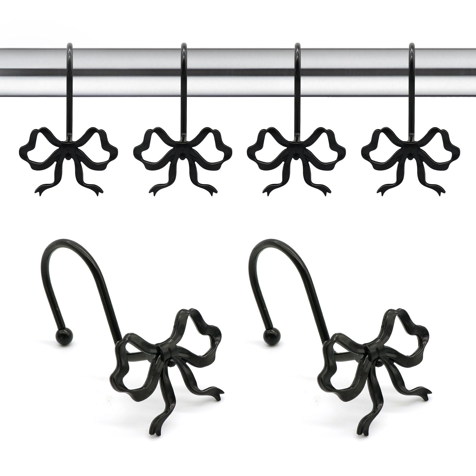 Bow Decorative Shower Curtain Hooks, Fashion Bowknot Shower Curtain Rings, Modern Bow Shower Curtain Hangers, 12PCS Shower Hooks for Shower Curtain, Home Decor, Bathroom, Bedroom, Living Room (Black)