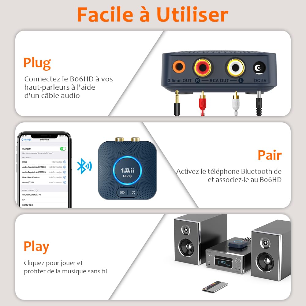 1Mii B06HD HiFi Récepteur Audio Bluetooth 5.3, Adaptateur Bluetooth pour Chaîne Stéréo Domestique, aptX HD Faible Latence, 3D Surround, 15hrs Playtime, RCA 3,5mm AUX Jack