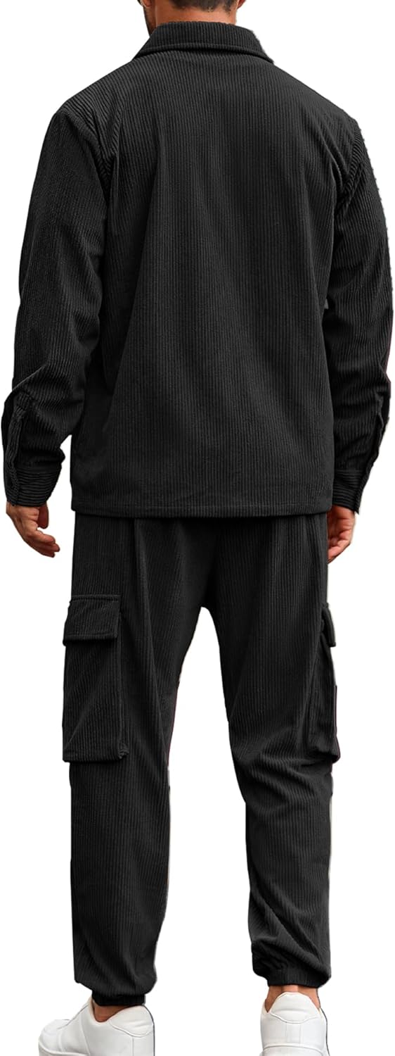 LecGee Men's 2 Piece Corduroy Outfits Long Sleeve Corduroy Shirt Jacket and Corduroy Cargo Pants Fall Winter Tracksuit Set - Image 2