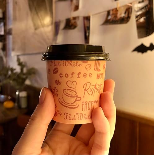 Miniatura 3 de Vasos de papel espresso desechables de 4 onzas con tapas negras, 50 juegos, impresión, tomas de muestra de porciones pequeñas (50, impresión)