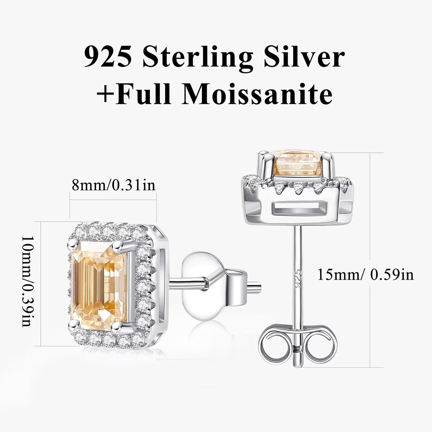 Champagne Moissanite Stud Earrings for Women, 925 Sterling Silver with 18K White Gold Plated, 1CT*2 Emerald Cut Halo Moissanite Flat Back Earrings, Jewelry Gifts Valentine's Day for Her - Image 3