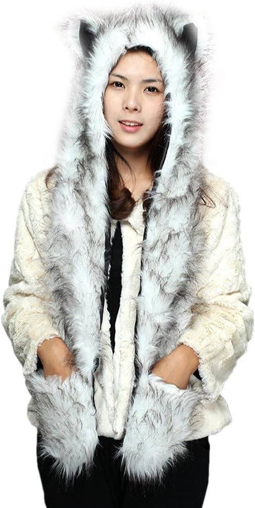 Unisex 3 in 1 Winter Thermal Plush Earflap Hooded Hat Scarf Pocket Gloves Set Faux Fur Windproof Animal Themed Costume Hat