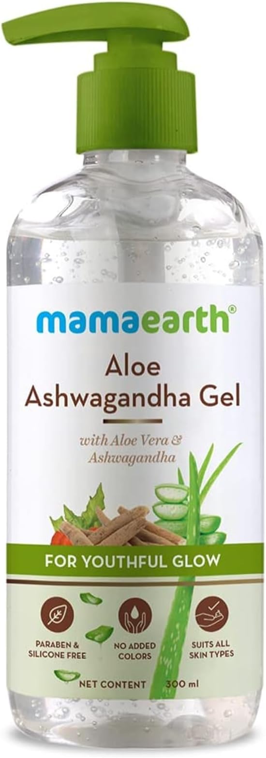 Mamaearth Aloe Ashwagandha Gel with Aloe Vera & Ashwagandha for Youthful Glow | Deeply Hydrates & Moisturizes Skin | Non Sticky & Paraben Free | 10.14 Fl Oz (300ml)