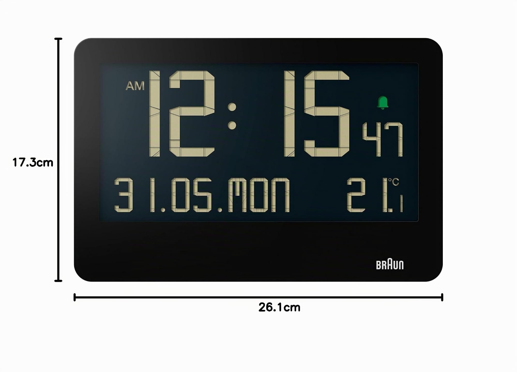 Braun Orologio da parete digitale temperatura interna, data, giorno della settimana, ampio display LCD inverso, impostazione rapida, allarme acustico in bianco, modello BC14B.