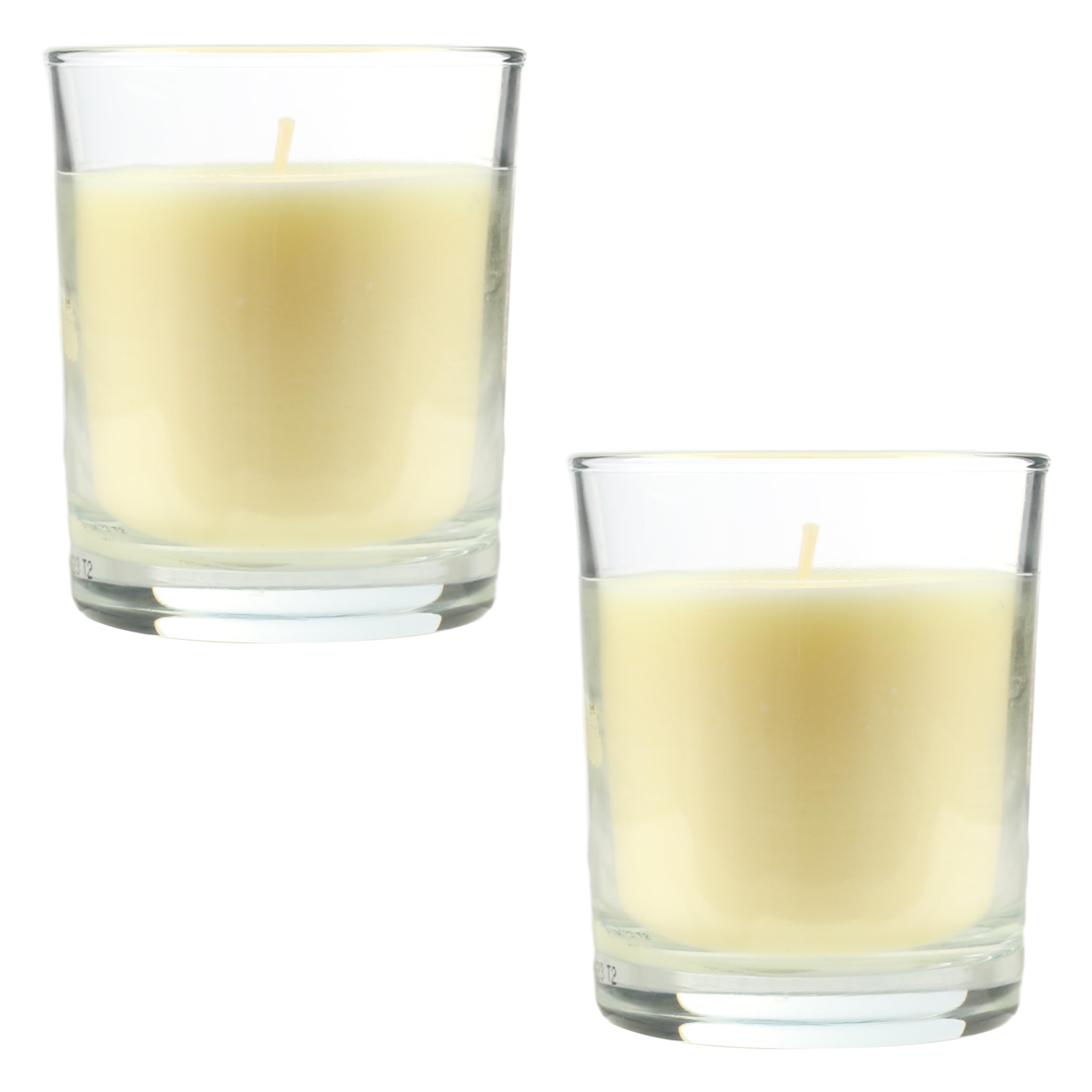 Pack de 2 Velas Aromáticas en Vaso de Cristal Reciclable 125g - 28h de Duración，Cera Vegetal Perfumada, Fabricadas en España, 8.5x7cm (Vainilla)