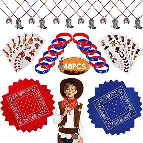 West Cowboy Party Favors -Horseshoe Boots Necklace,Temporary Tattoos, Paisley Bracelets,Paisley Bandana for Kids Wild West Cowboy Birthday Bag Filler Toys Gift for Boys Girls