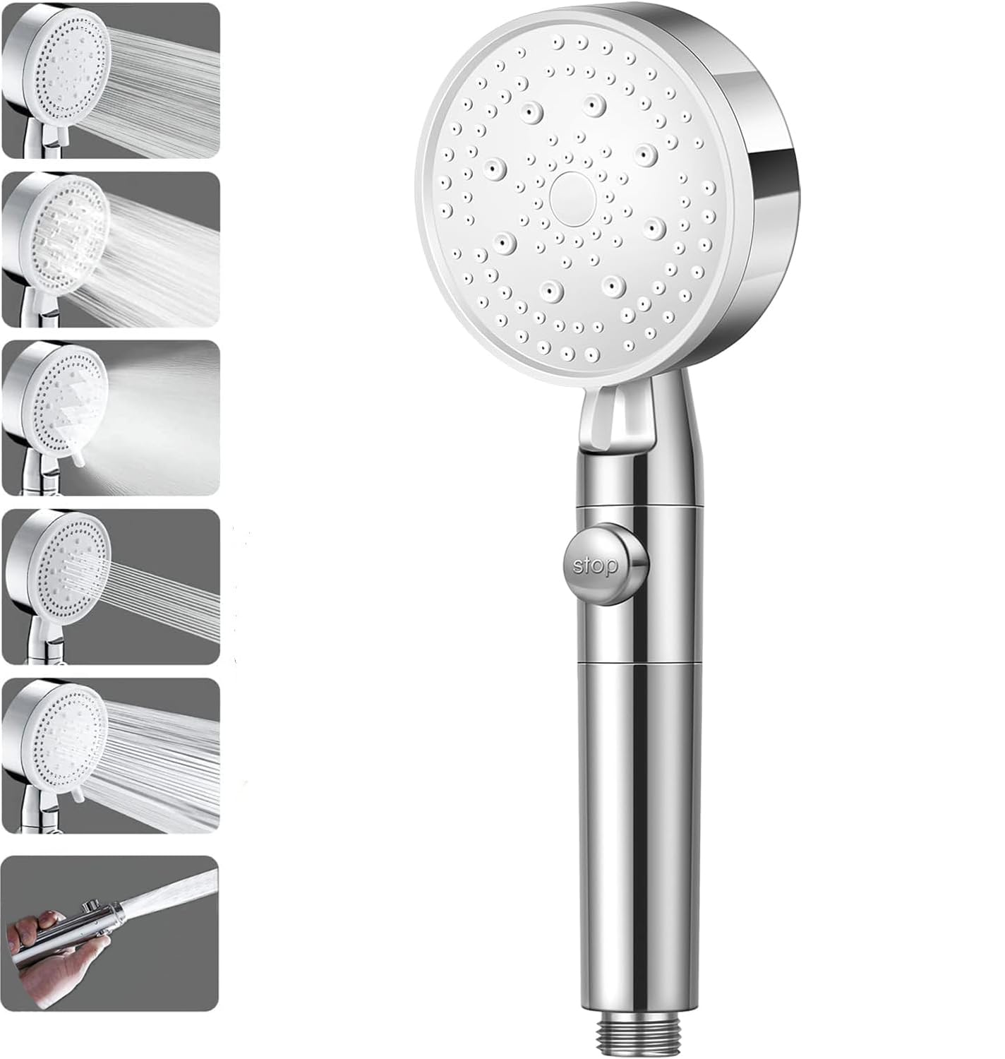 U-HOOME High Pressure Shower Head with 6 Spray Modes, Handheld Shower Head with On Off Switch, Handheld Shower Head with Anti-Clogging Nozzle, for Bathing and Spa Modern Handheld Shower Head (Silver)