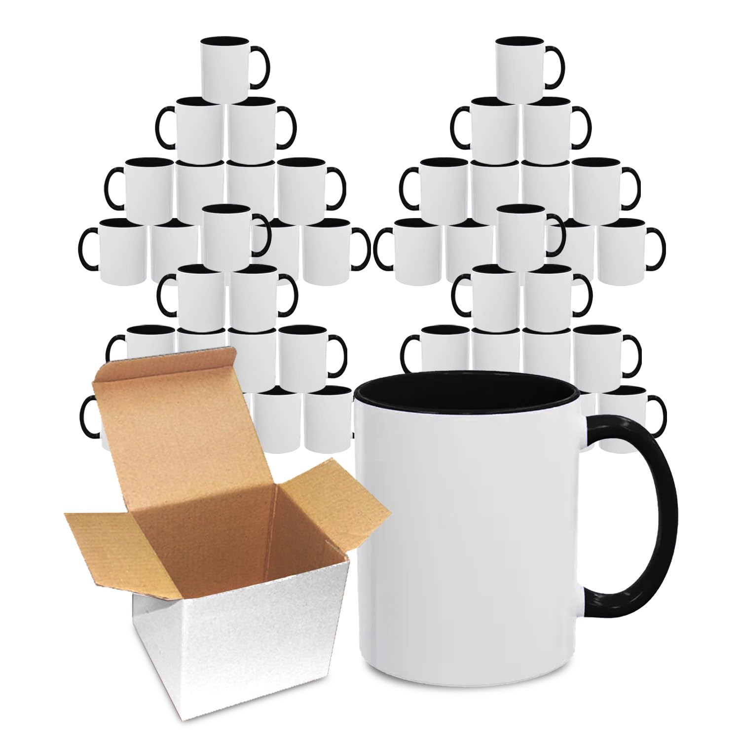 Sublimation Mugs 11oz Blank with Coloured Large Handle & Inner with Box | Durable, Ceramic Orca Finished Mugs Perfect for Custom & DIY Printing, for Loved Ones | Black Bulk Pack of 48