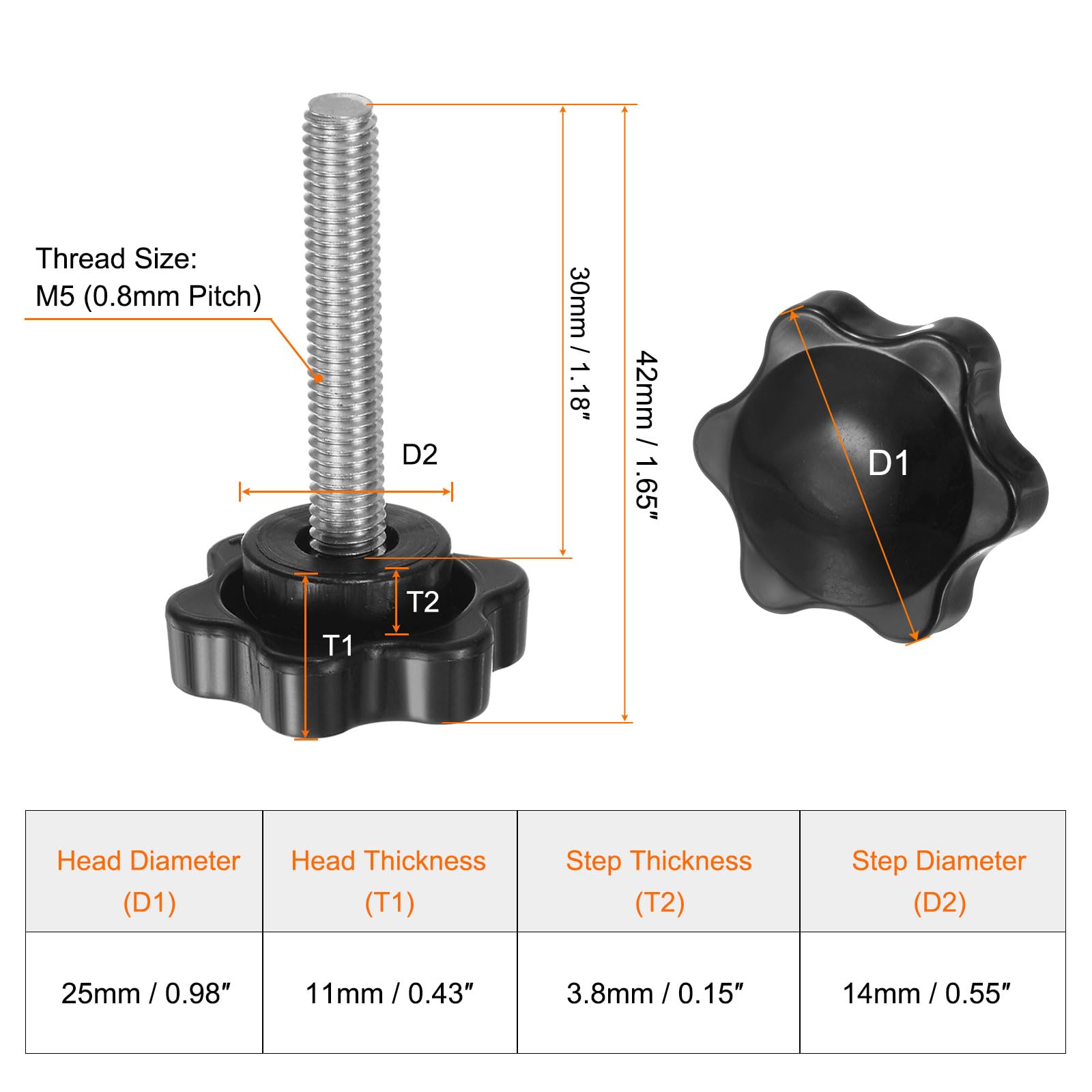 HARFINGTON 25pcs Star Knobs M5 x 30mm 304 Stainless Steel Threaded Stud 25mm Plastic 6-Star Head Hand Tightening Thumb Screw Clamping Jig Knob Handle, Black