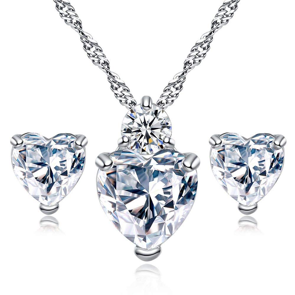 U-K Fashion Jewelry Set Zircon Heart-Shape Earring Necklace Set Crystal Pendant for Women Bride White Durable Processed
