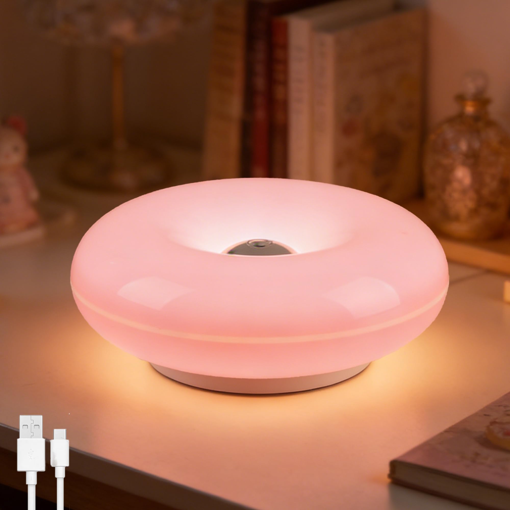 Lampada da Tavolo a LED Arancione a Forma di Ciambella, Ricaricabile, con Controllo Touch Wireless, dimmerabile, Ricaricabile Tramite USB, con Batteria da 2000 mAh, Moderna, rotond