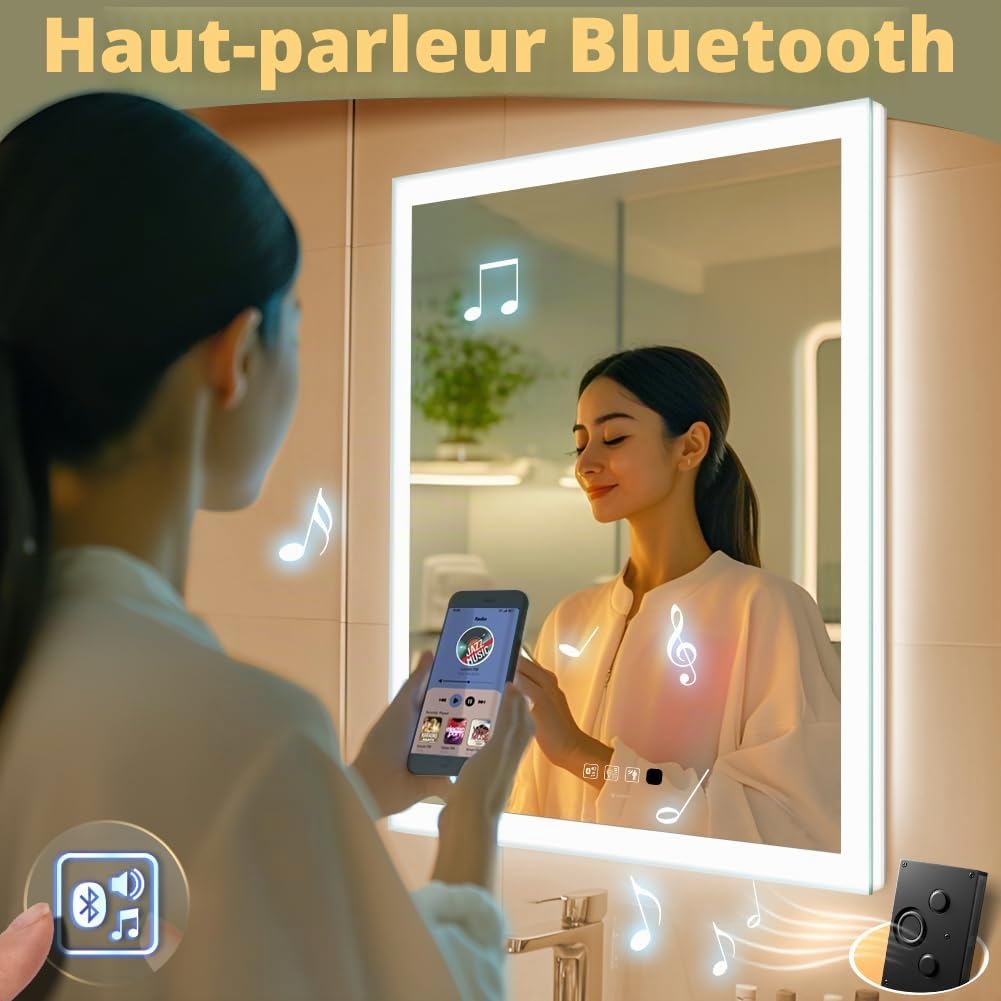 GANPE Miroir de Salle de Bain à LED avec détecteur de Mouvement et Bluetooth, éclairage à intensité Variable, Montage Mural, Anti-buée IP44, étanche à la Verticale et Horizontale (70_x_90_cm)