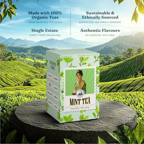 Image of Dorje Teas Mint Darjeeling Green Tea | 15 Pyramid Teabags (Pack of 1) | Selim Hill Estate | Cooling & Fresh Mint Flavour | Promotes Relaxation & Immunity | Organic Whole Leaf Blend | 15 Cups