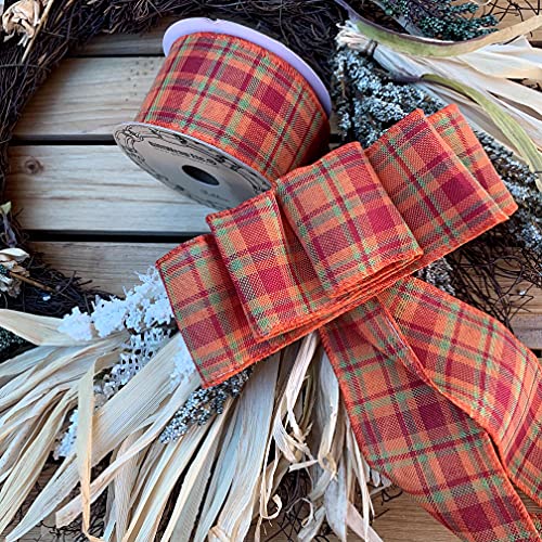 Image of Fall Cider Plaid Wired Ribbon - 2 1 /2 inch x 10 Yards, Orange, Green, Red, Fall Plaid, Autumn Decor, Halloween, Thanksgiving, Christmas Ribbon, Farmhouse Decor, Garland, Wreath, Bows, Gift Basket,