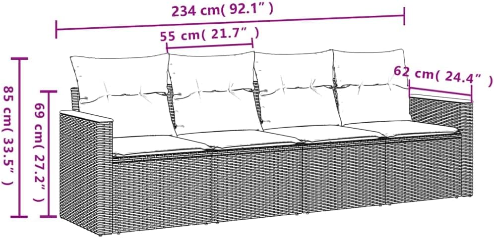 vidaXL Patio Sofa Set with Cushions - 4 Piece Black Poly Rattan Outdoor Furniture, Blue Removable Covers, Modern Modular Design, Garden, Terrace, Deck