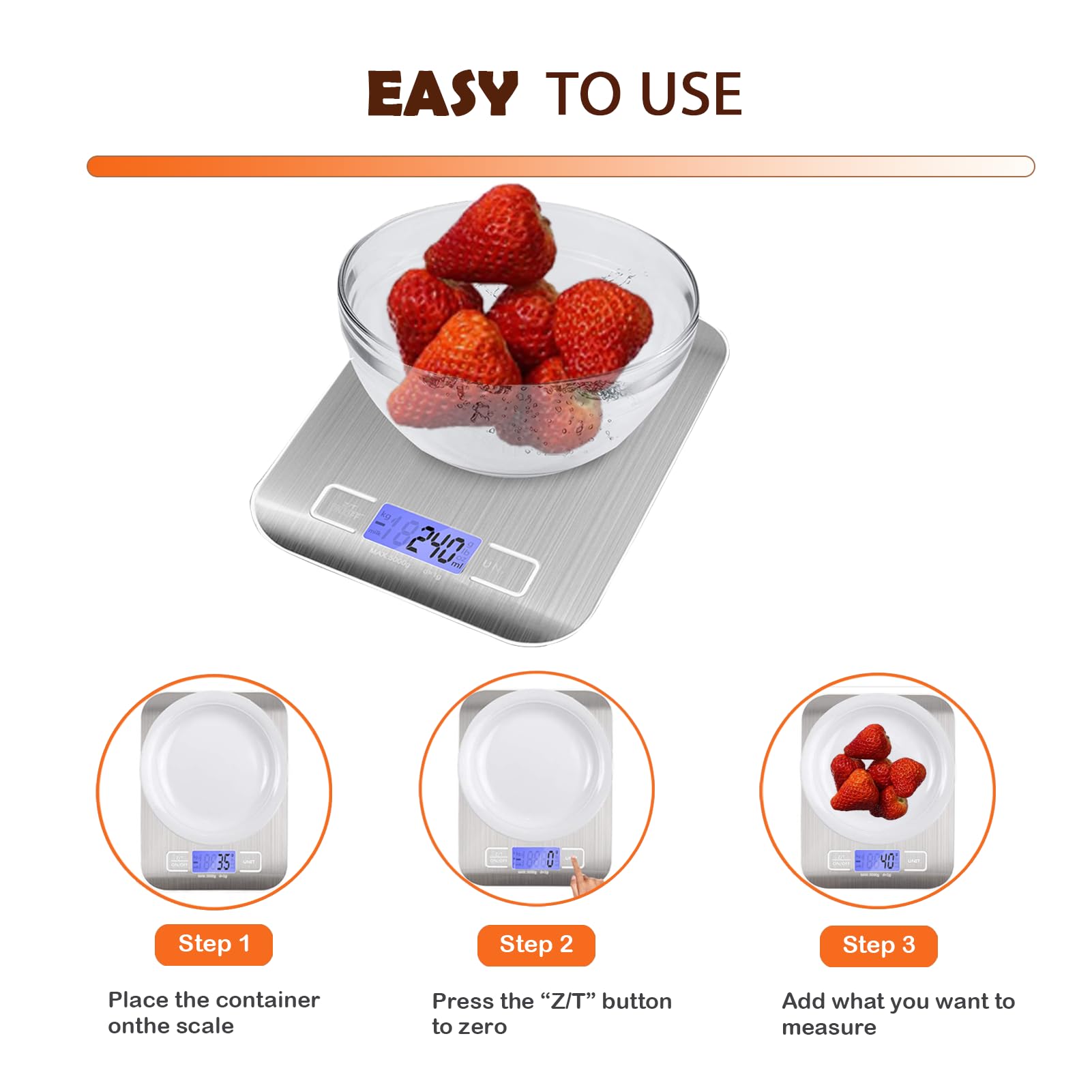 Lebensmittelwaage mit USB wiederaufladbar, 5 kg digitale Küchenwaage, Gewicht Gramm und oz zum Backen, Kochen, Edelstahl und gehärtetes Glas, wasserdichter Körper, 1 g, präzise Skala