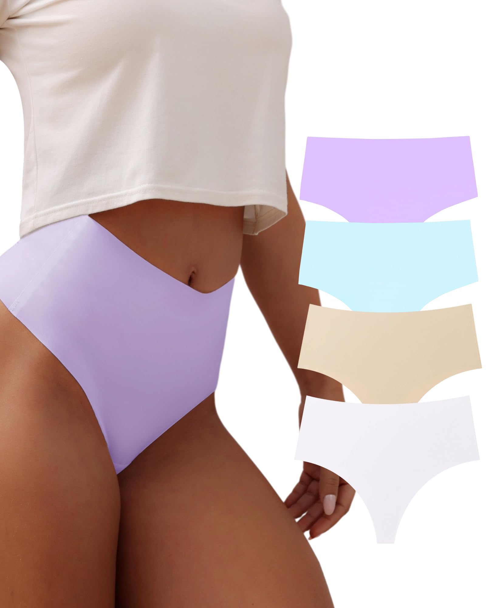 HORISUNWomen Thongs High Waisted Breathable No Show Panties for Women Seamless Underwear 4 Pack