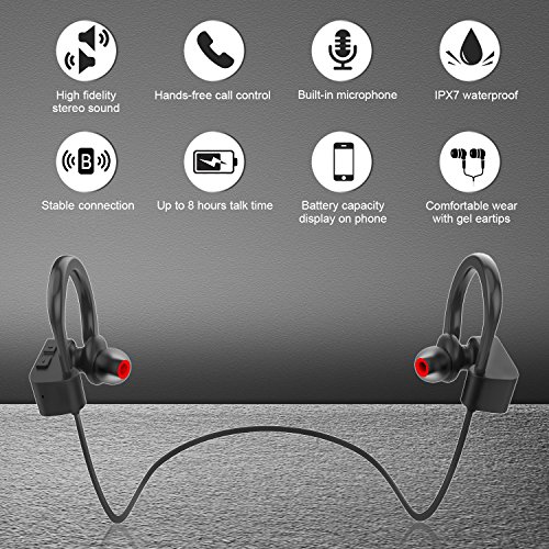 LETSCOM Bluetooth Headphones V5.0 IPX7 Waterproof, Wireless Sport Earphones, HiFi Bass Stereo Sweatproof Earbuds W/Mic, Noise Cancelling Headset for Workout, Running, Gym, 8 Hours Play time