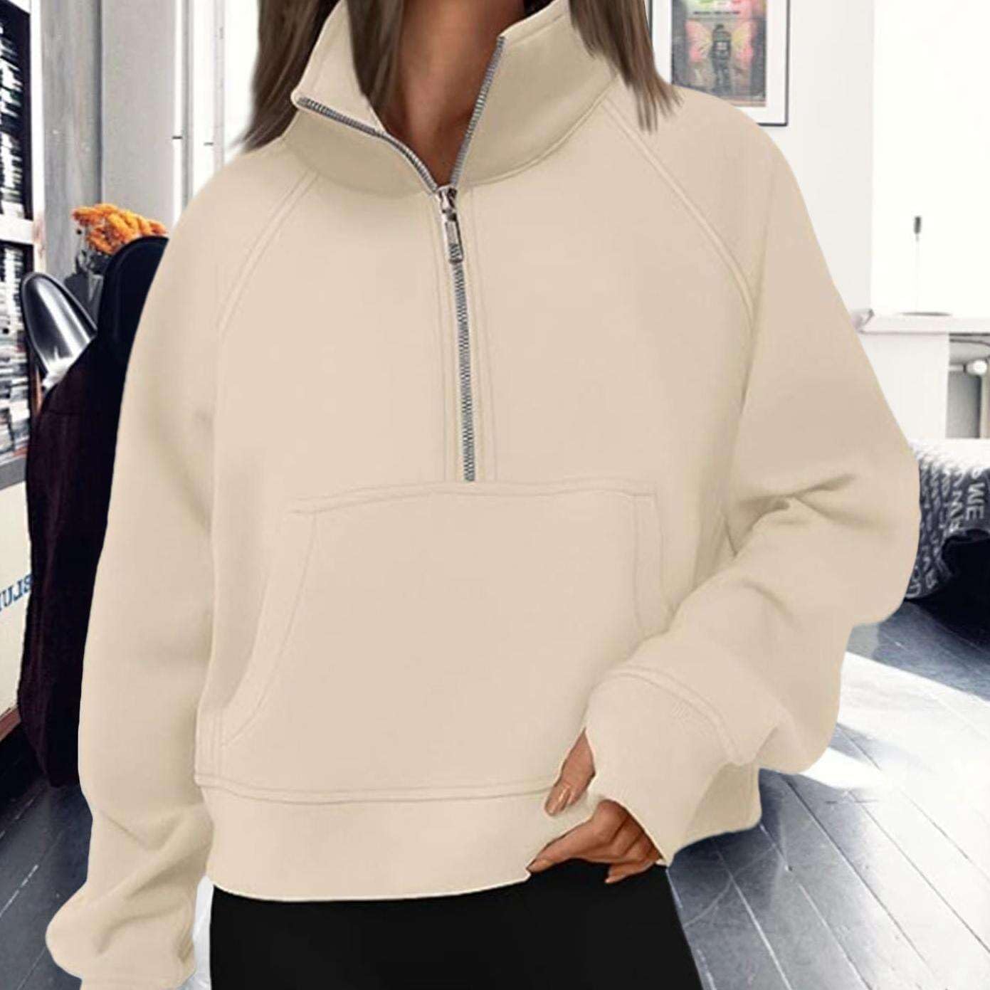Womens' Sweatshirts 2025 Fall Solid High Neck Pullover Half Zipper Hoodies Outfits Clothes with Pocket - Image 2