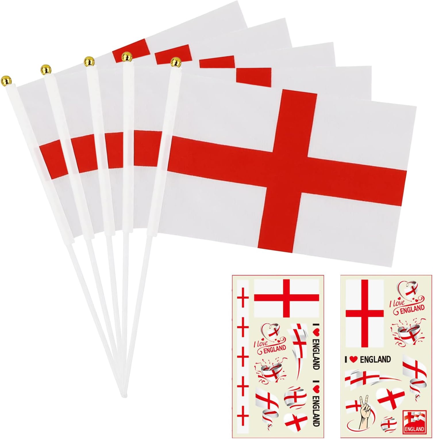 14 PCS Mini England Flag Set, St Georges Flag on Sticks & Temporary Tattoos, 2026 World Cup Decorations for the World Cup Football Matches Celebrations Parties & Parades