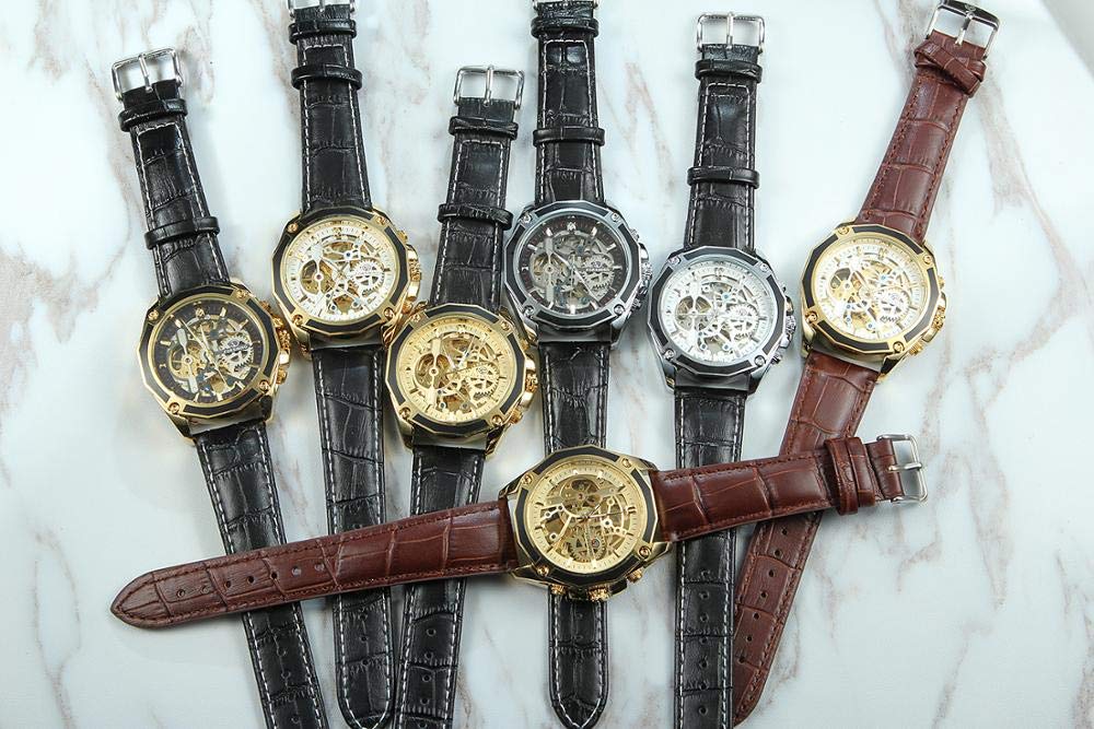 MASTOP Automatische mechanische Herren-Armbanduhr, Skelett-Zifferblatt, Herrenuhr, automatisch, selbstaufziehend, Leder