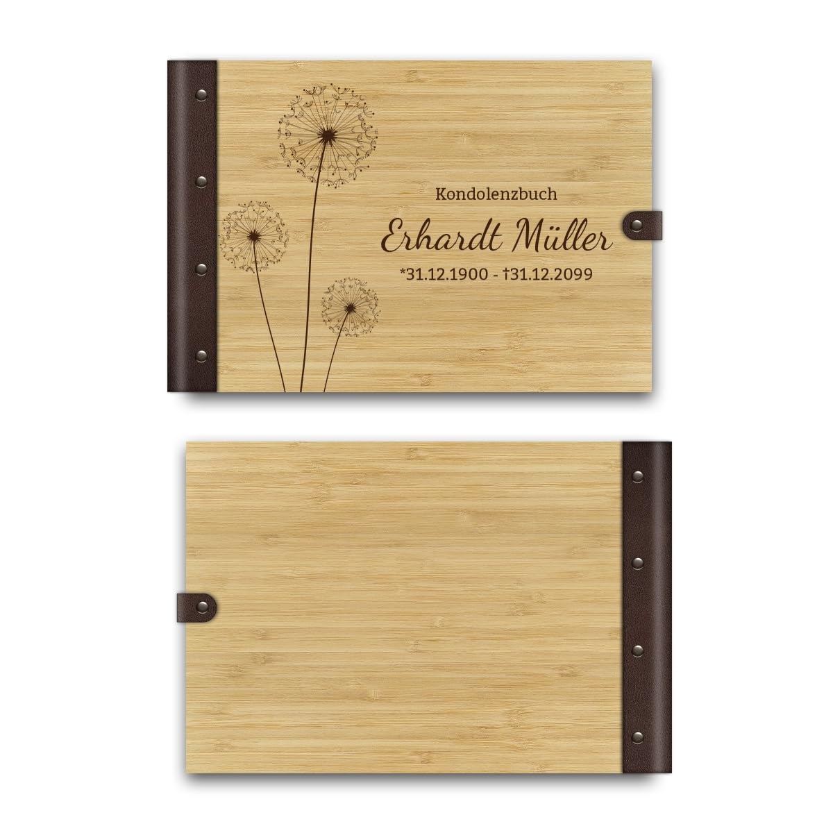 Kartenmachen.de Personalisiertes Kondolenzbuch echtes Holz DIN A4 Gästebuch mit Lasergravur - Pusteblume - mit 72 Blatt / 144 Seiten Naturpapier Weiß