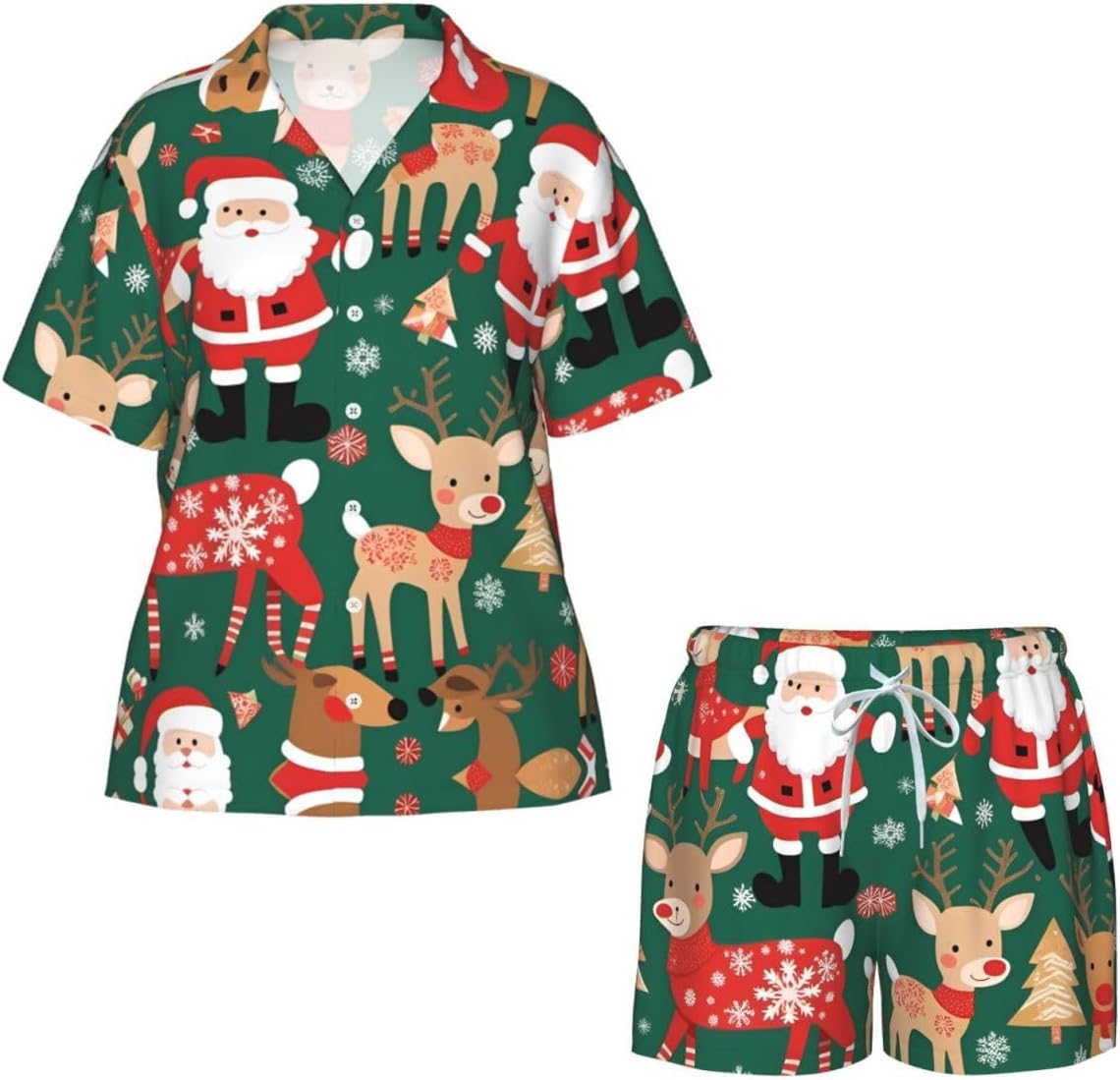 Santa Claus and Christmas deer Women's Short Pajama Set Polyester with Pockets Elastic Waist for Vacation