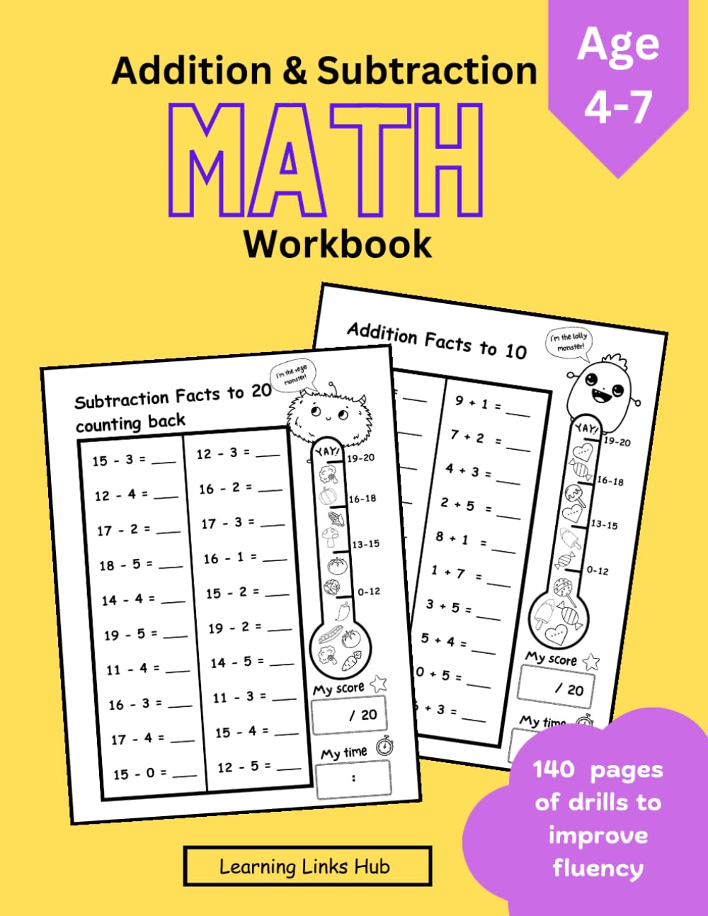 Addition and Subtraction Math Workbook Age 4-7: Kindergarten + 1st Grade Worksheets | Homeschool | Fun Timed Drills | 140 pages