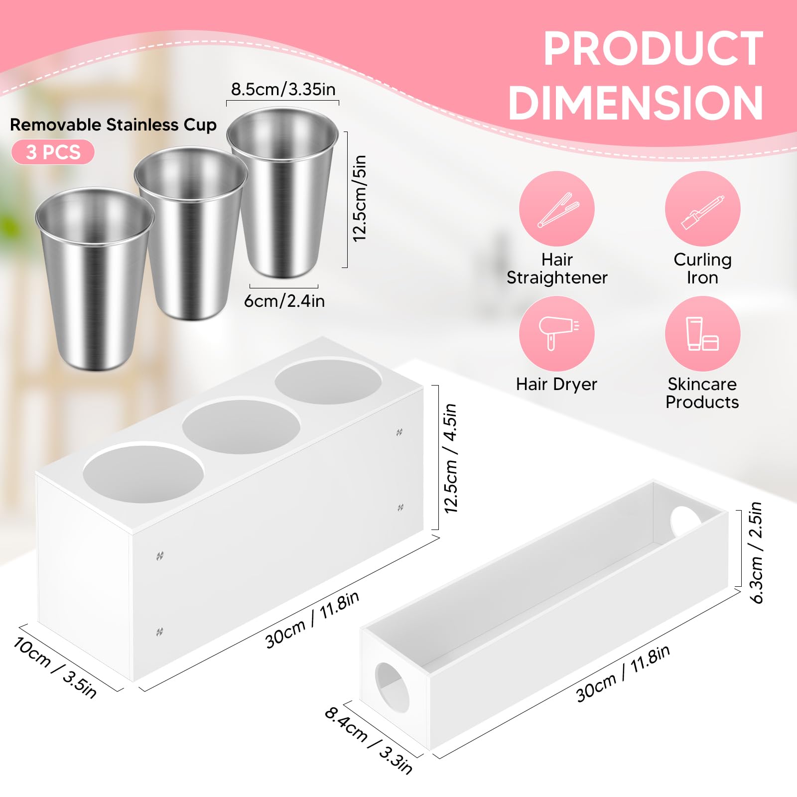 Hair Tool Organizer, White Hair Dryer Holder Countertop Removable Acrylic Hair Brush Storage Stand Bathroom Vanity Organizers for Curling Iron Hot Styling Tools Flat Iron Hair Styling Accessories