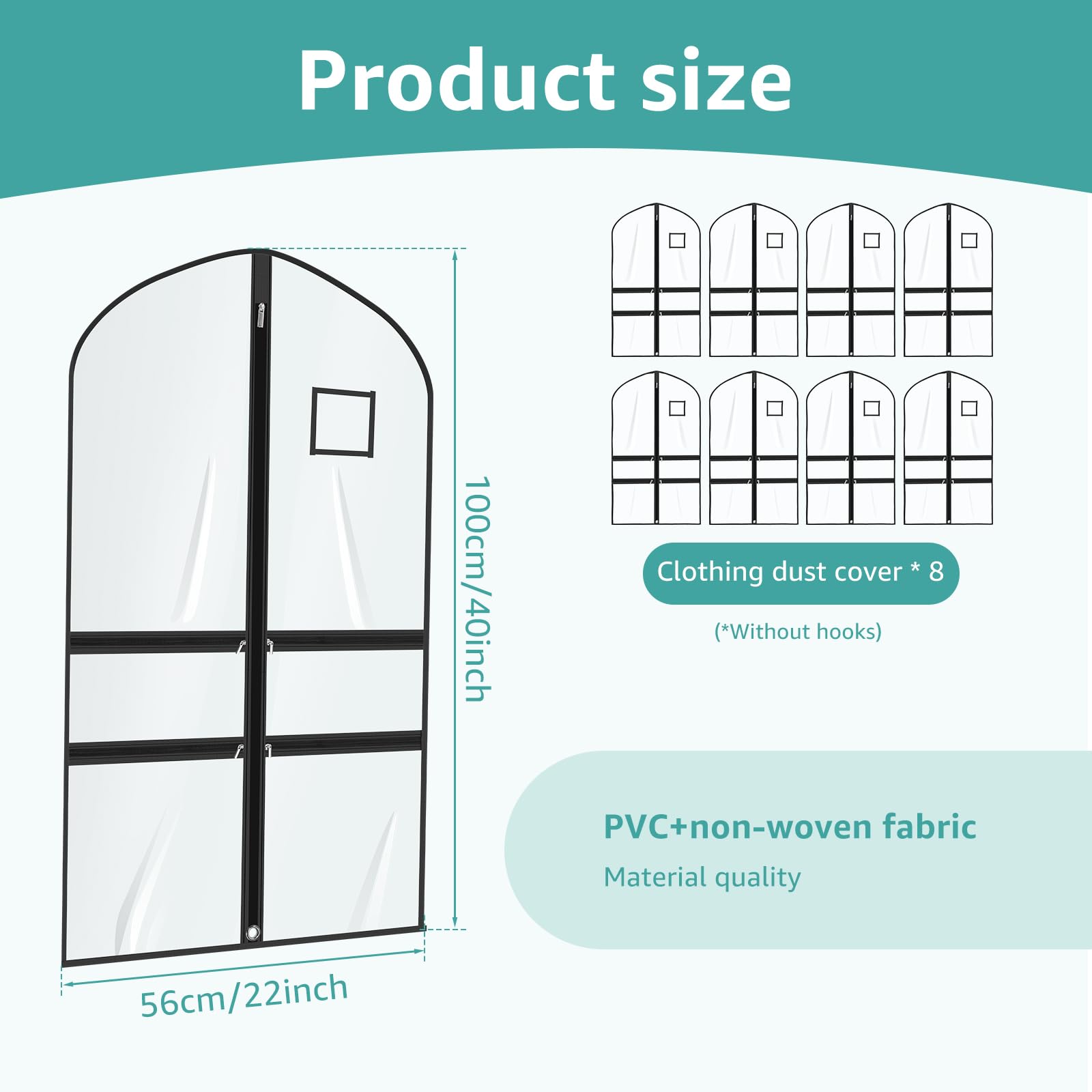 Saco para ropa de 100 x 56 cm de PVC y tela no tejida, resistente al polvo y al agua, con compartimentos y compartimento para placa de nombre, funda transparente para trajes, vestidos, abrigos