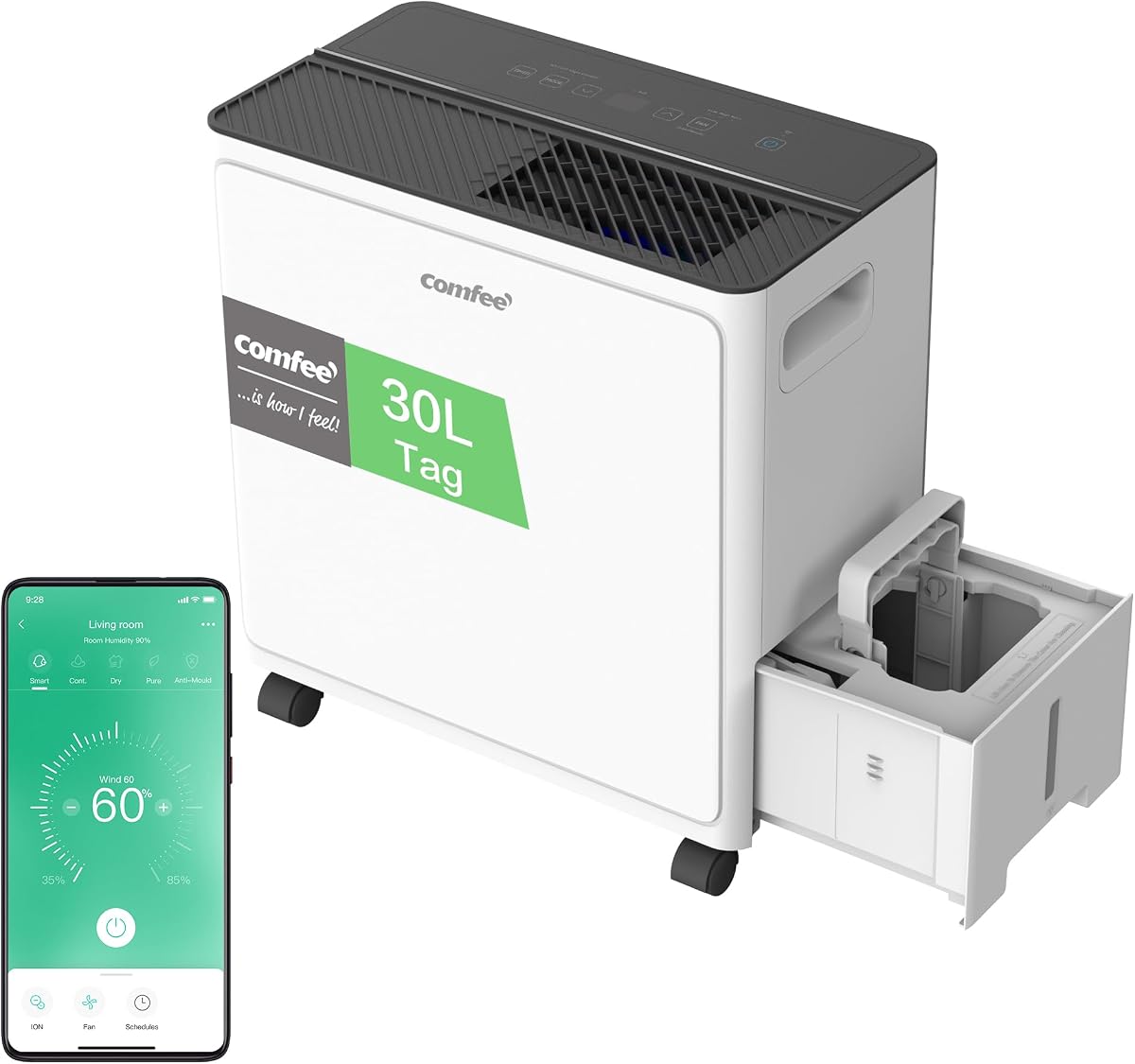COMFEE CDDAE-30DEN7-QA3 Luftentfeuchter 30L/Tag für bis zu 73㎡, 3-Liter-Tank, drehbare Räder, Trocknungsmodus, Geräuschreduzierung, Automatische Abtauung