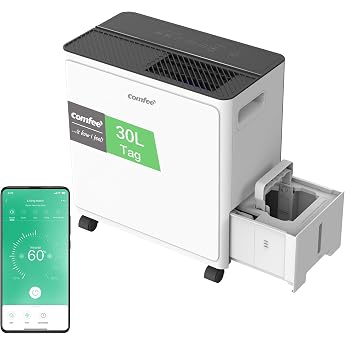 COMFEE CDDAE-30DEN7-QA3 Dehumidifier 30L/Day for up to 73  3 Liter Tank Rotating Wheels Drying Mode Noise Reduction Automatic Defrost