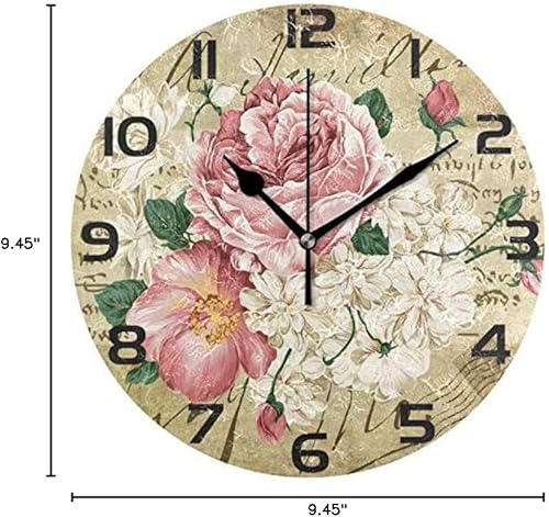 ALAZA - Reloj de pared redondo con diseño de rosas estilo vintage, estilo shabby chic, silencioso, sin tictac, pintura al óleo, para el hogar,