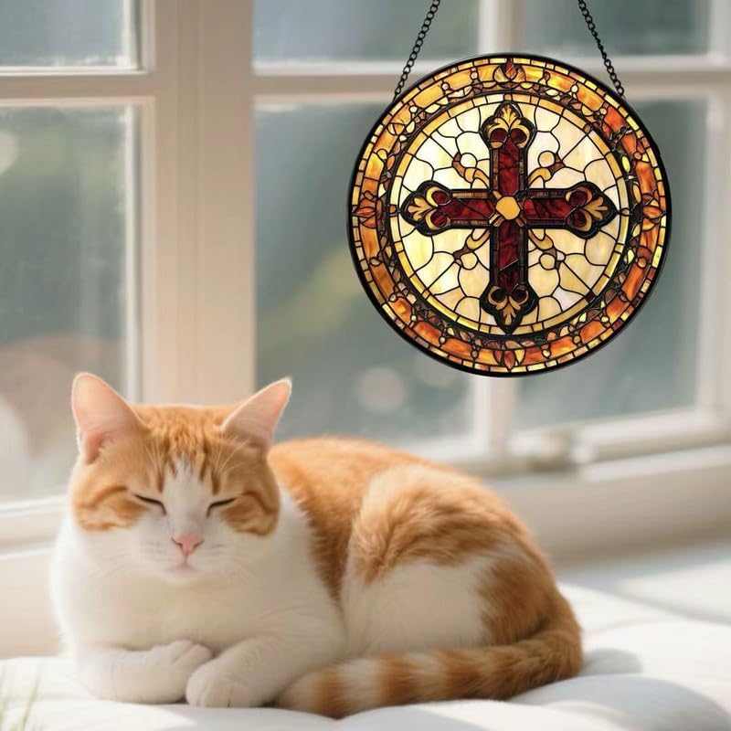 Stained Glass Cross Suncatcher for Window – Christian Tiffany-Style Religious Hanging Panel, Decorative Glass Window Art for Home, Prayer Room, Church, Faith-Inspired Gift