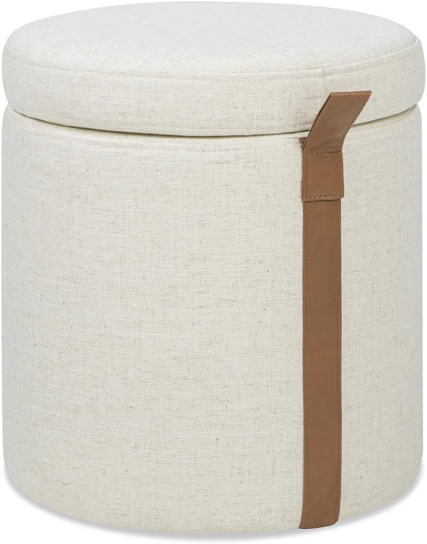 Jennifer Taylor Home Brandy 14" Round Upholstered Storage Ottoman with Leather Accent, Flax White Linen