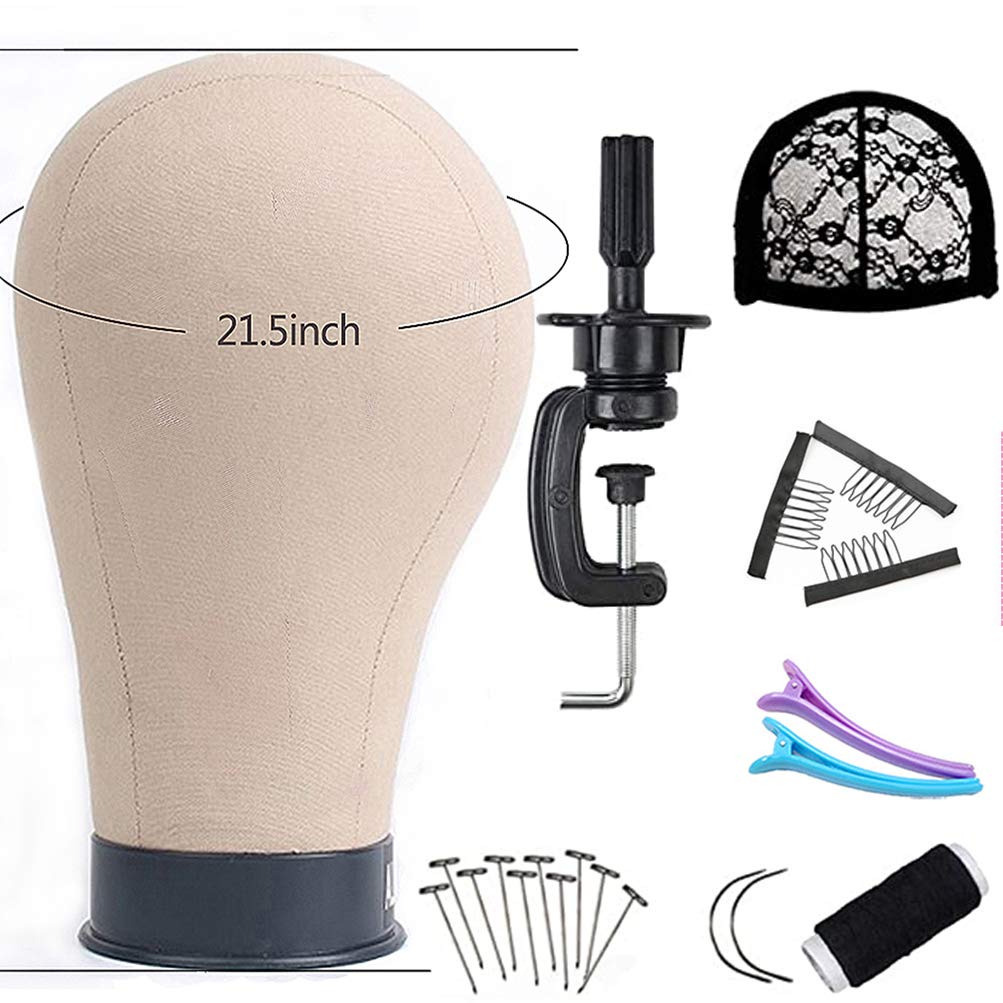 21.5 Inch Wig Head Mannequin Head Cork Canvas Block With Table C Stand Wig Stand Tripod With Mannequin Head Canvas Block Head For Making Wigs Display (Wig Cap,T-Pins,Sewing Thread,Clips)