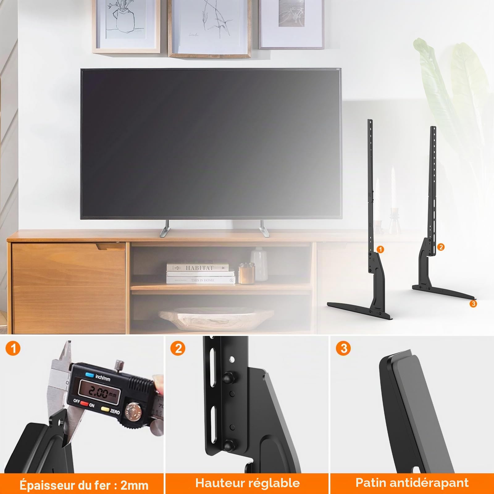 GRIFEMA Pied TV Universel pour Téléviseurs 22"-80", Hauteur Ajustable, Supporte Jusqu'à 50kg, VESA Max 800x400mm, Montage Facile - Noir