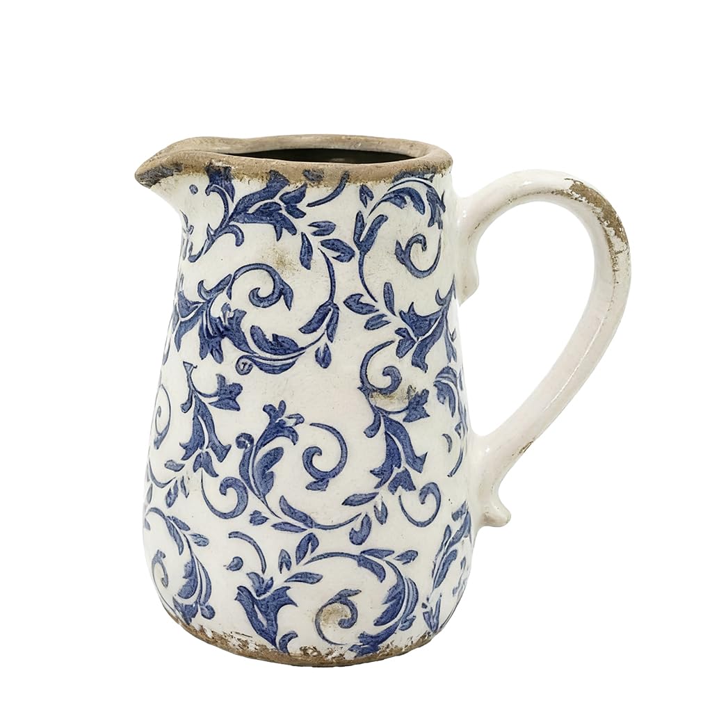Ceramic Flower Vase Distressed Effect Glaze Pitcher Jug (Blue, Small)