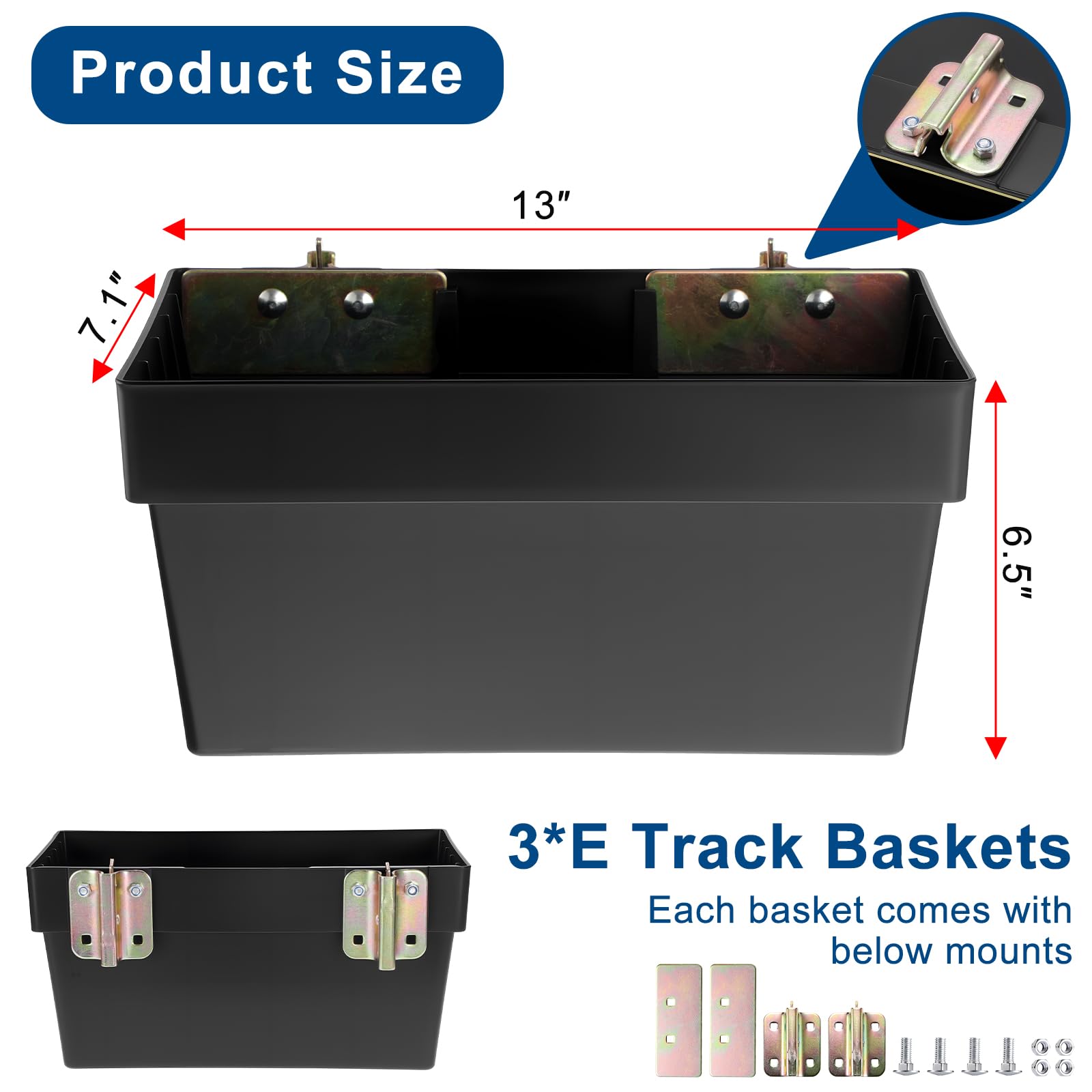 Paquete de 3 contenedores de almacenamiento E Track – 13 x 7 x 6 pulgadas, organizador de cesta de pista E resistente para remolques cerrados, camiones y talleres, accesorios de sistema de