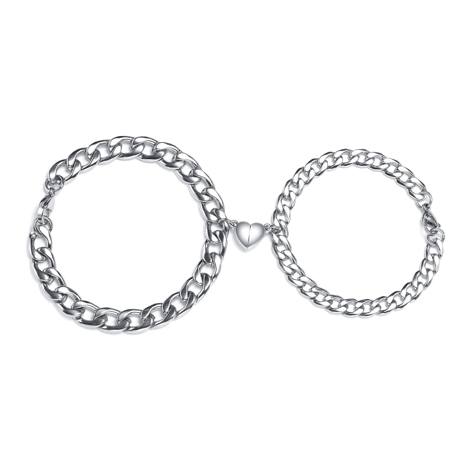 VNOXCouple Bracelet Set Gift: Alloy Heart-shaped Magnet Stainless Steel NK Chain Couples Bracelets Link Chain Jewelry Gifts for Women Men