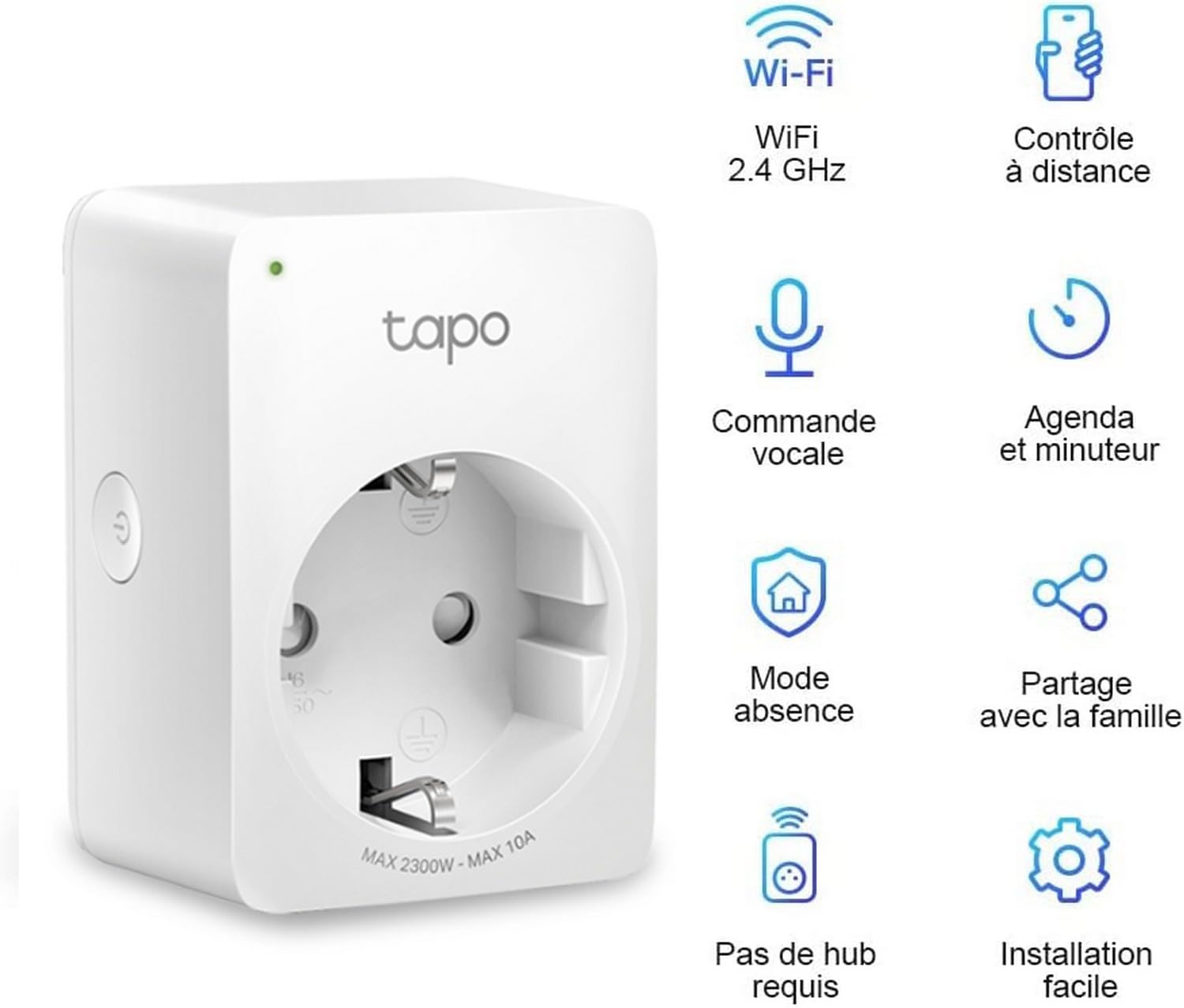 Tapo Prise Connectée WiFi, Prise Intelligente compatible avec Alexa et Google Home, 10A Type F, Contrôler le radiateur, la cafetière, la lampe à distance, aucun hub requis, Tapo P100(4-pack)