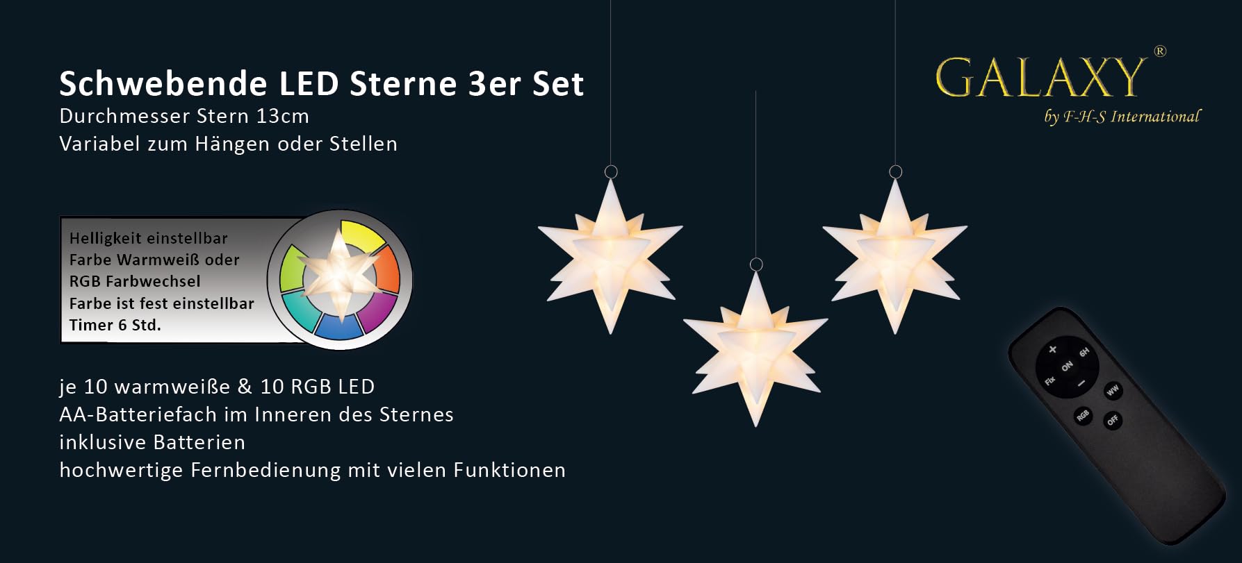 Galaxy schwebende LED Kunststoff-Sterne, 3er Set, weiß, je 10 warmweiße und 10 RGB LED, Stern 13 cm, wertige Fernbedienung mit EIN-Aus Schalter, 35710