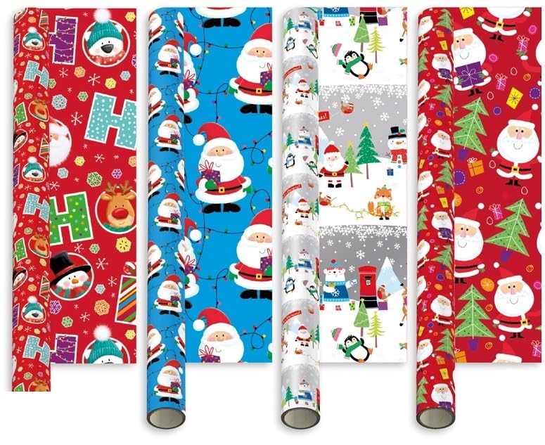 28m x 69cm Recyclable Christmas Wrapping Paper Roll – Eco-Friendly Xmas Gift Wrap, 4 Reusable Festive Designs - Made in Britain (28M Santa & Friends #126)