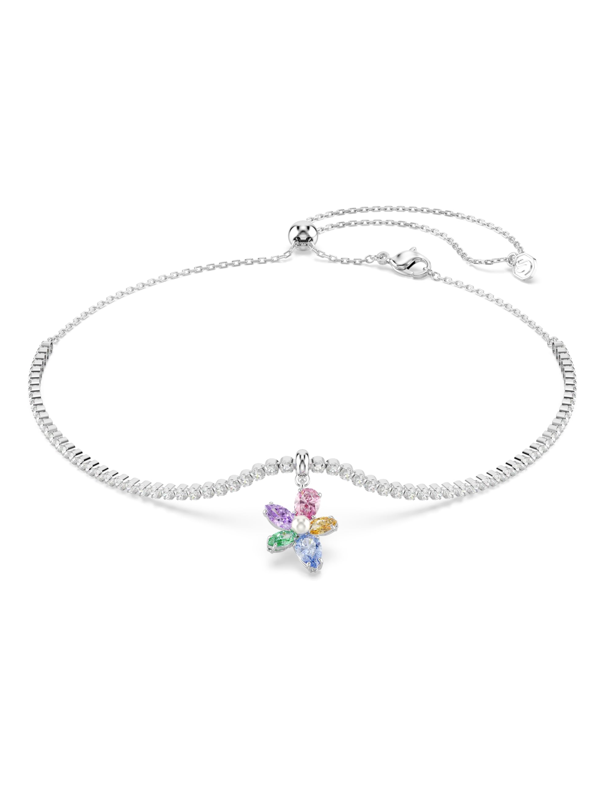 Swarovski Jewellery Women's Silver Swarovski X Ariana Grande Mixed Cuts Multicoloured Flower & Pearl Adjustable Slider Necklace 1.5 X 1.2Cm, 30-44Cm