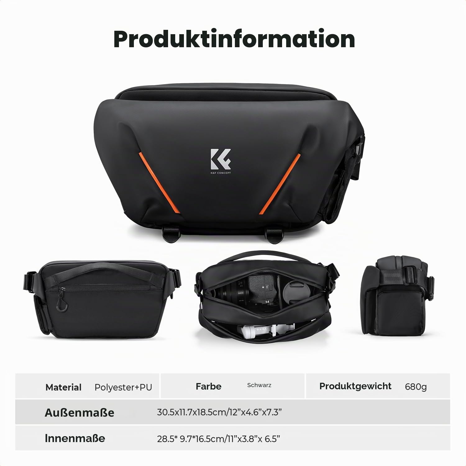 K&F CONCEPT Kameratasche, Fototasche mit halb offener Fronttasche | Schultertasche Kompatibel mit Kameras und Objektiven, Umhängetasche für SLR spiegellose Kamera, Schwarz