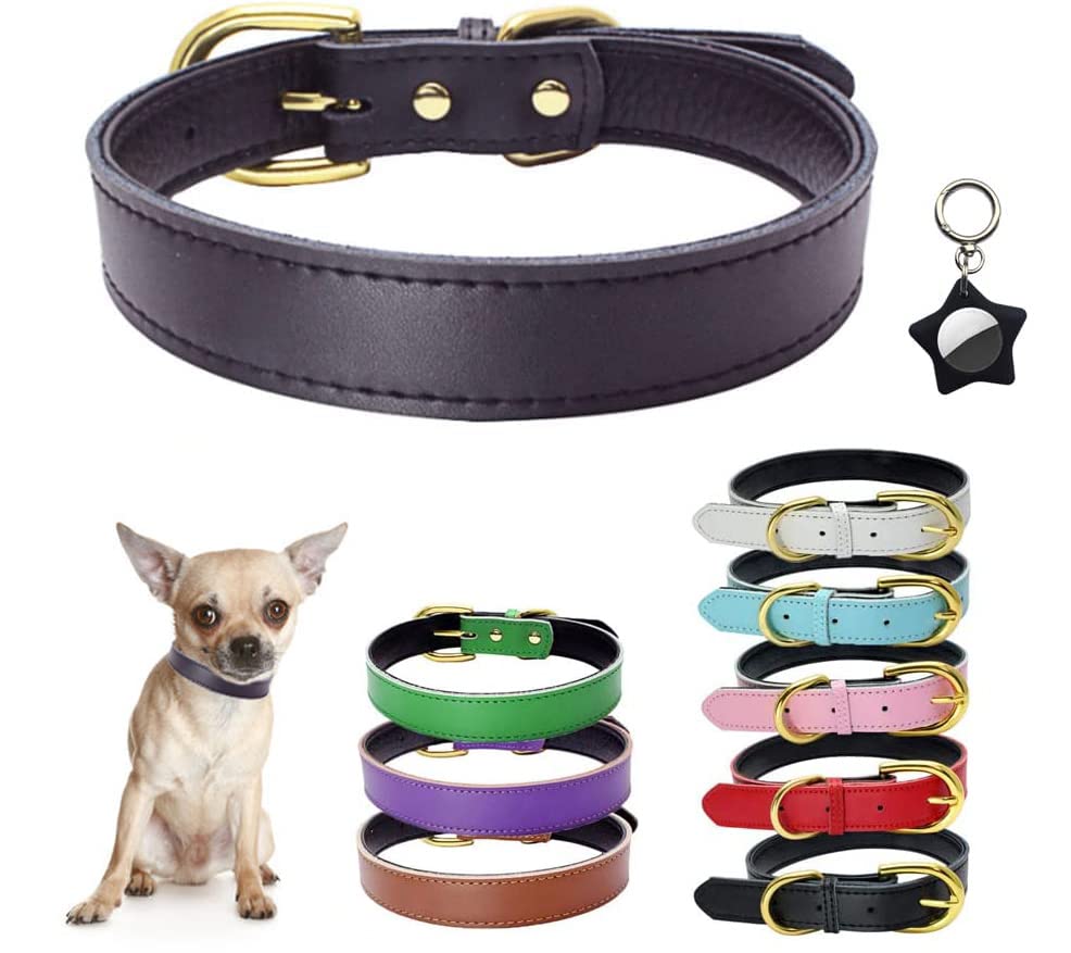 Black Leather Collar for Medium Dogs, Simple and Basic Soft Touch Padded Thick Cow Leather Dog Collar Gold Buckle Male Dog Collars for XS Small Medium Large Pet Boy Dogs, M