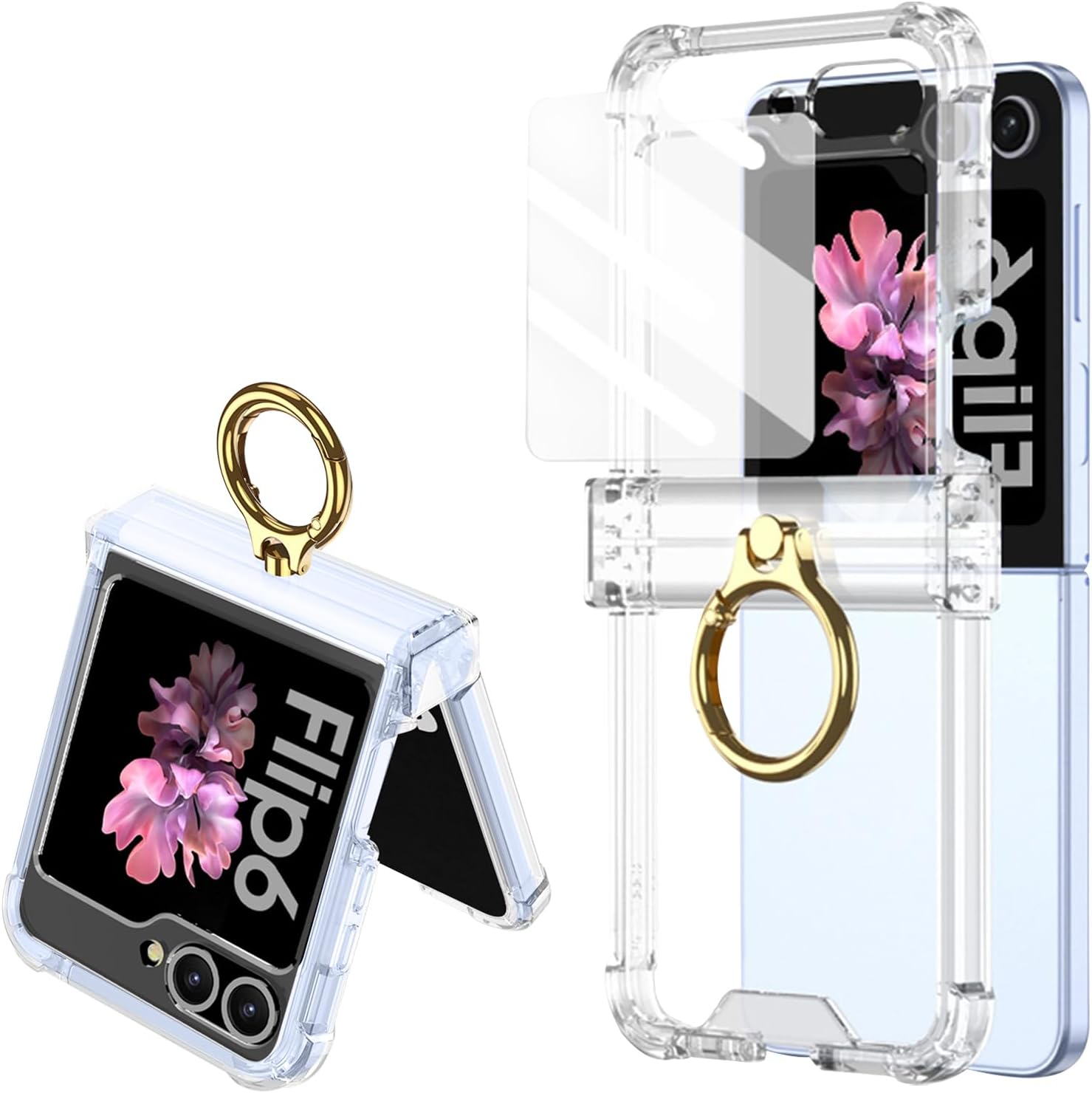 for Samsung Galaxy Z Flip 6 Clear Case Luxury Hinge Protection with Ring Holder & Screen Protector Soft All-Inclusive Shockproof Cover (Clear)